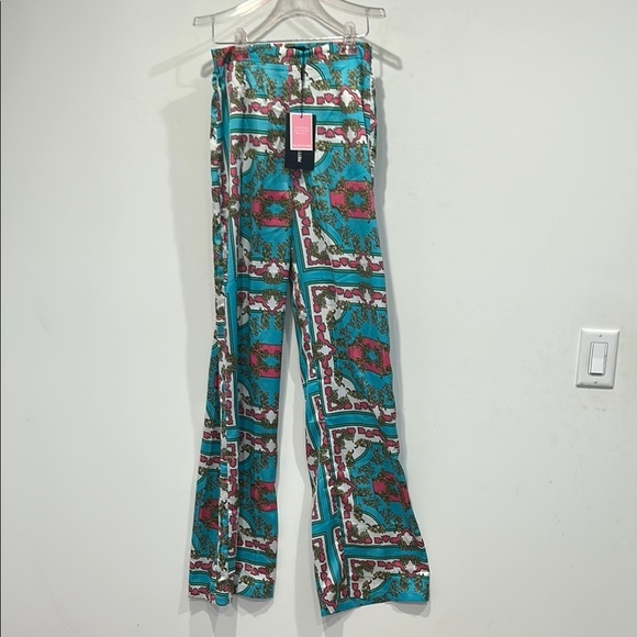 Pretty Little Thing Colorful Teal Pink Patterned Wide-Leg Pants new w tag 6 - Picture 6 of 7